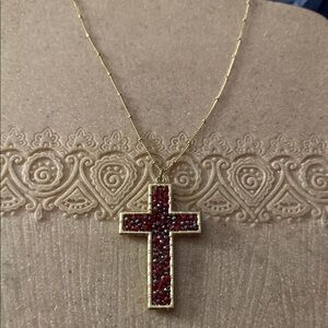 NWT Niumike UK Gold beaded chain and Red beaded wire Cross Pendant Necklace